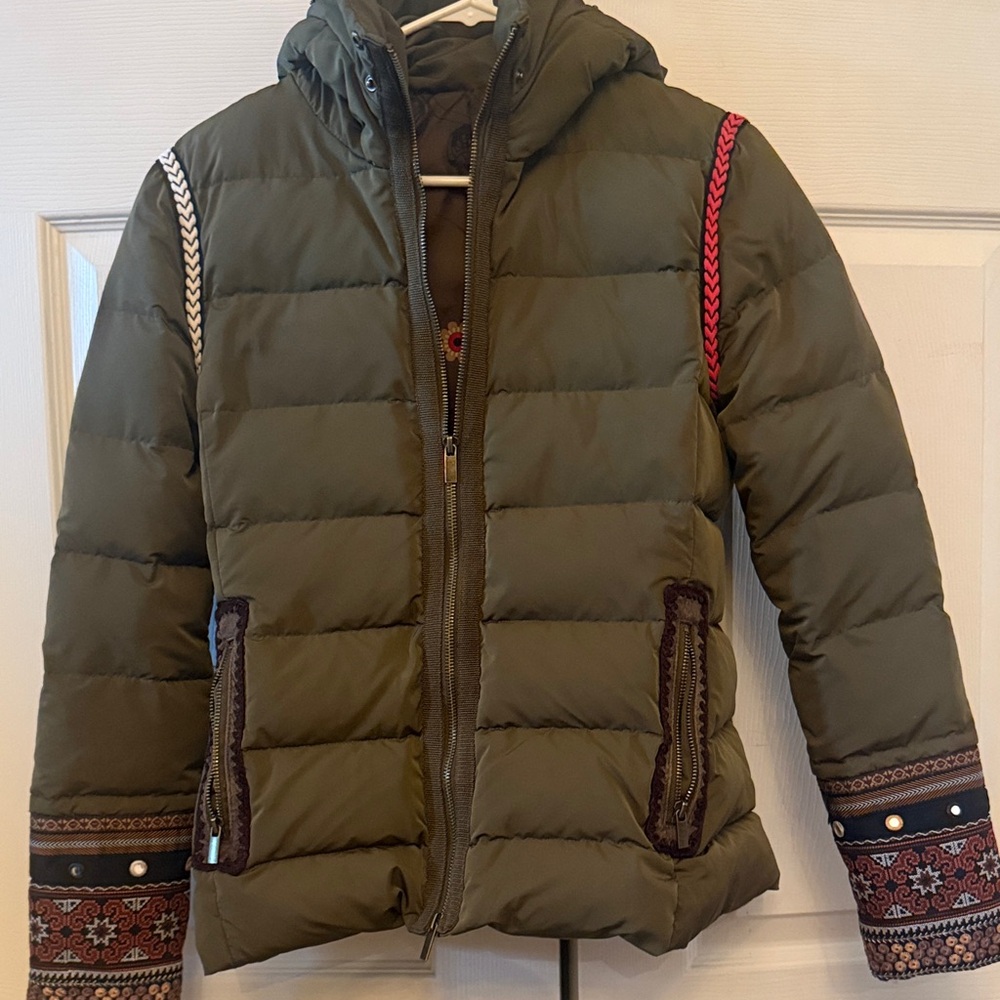 Desigual Olive Green Kids Puffer Jacket with Patterned Sleeves